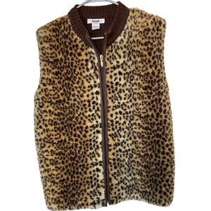 Alia Leopard Print Fleece, Lined Vest, Large, Faux Fur, Ribbed Knit Front Zipper